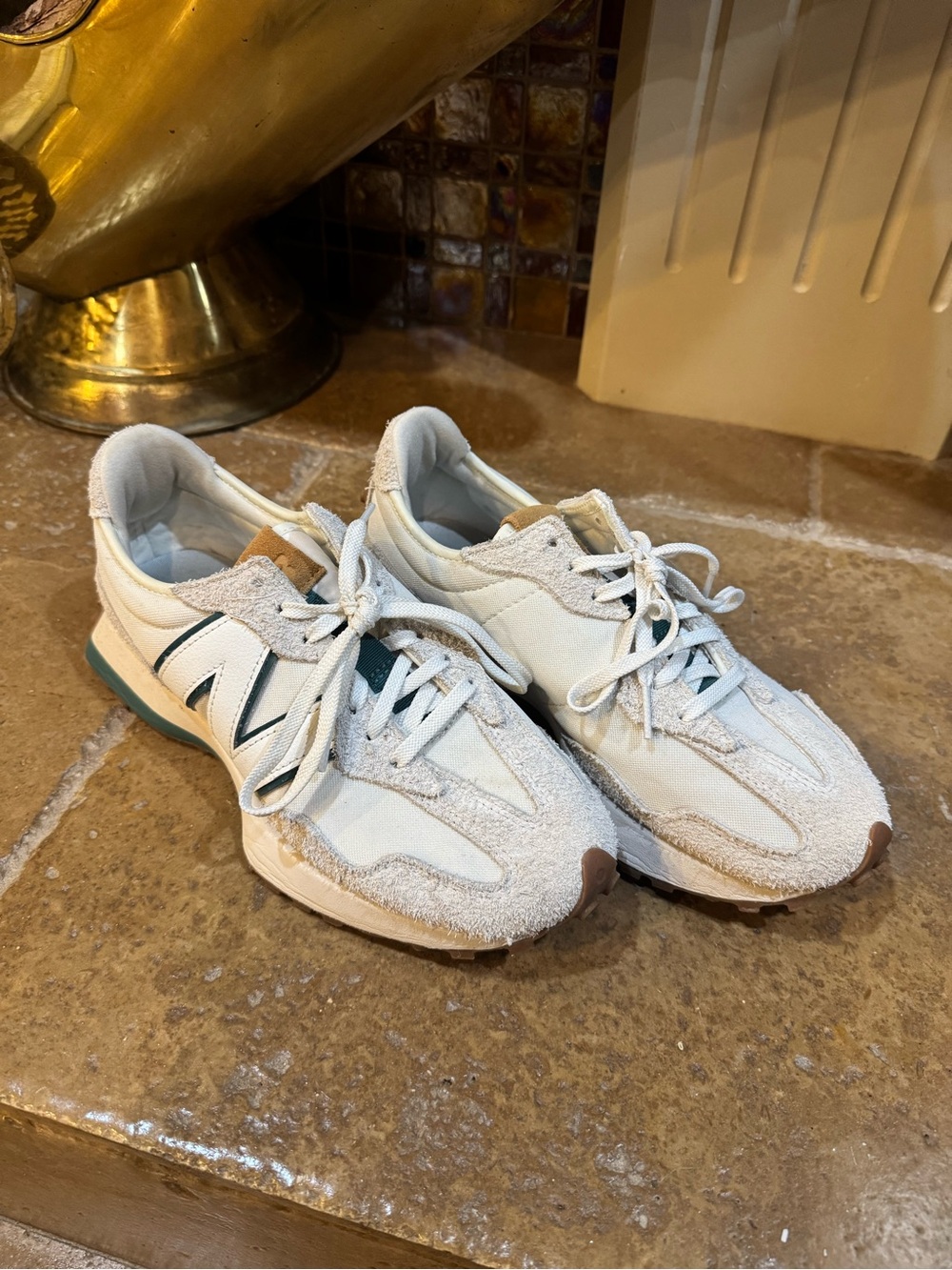 New Balance White Suede & Mesh Sneakers with Green Accent
